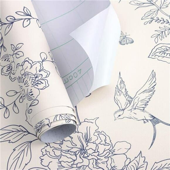 Floral Peel and Stick Wallpaper Blue Cream Vintage Removable Contact Paper - Picture 5 of 7